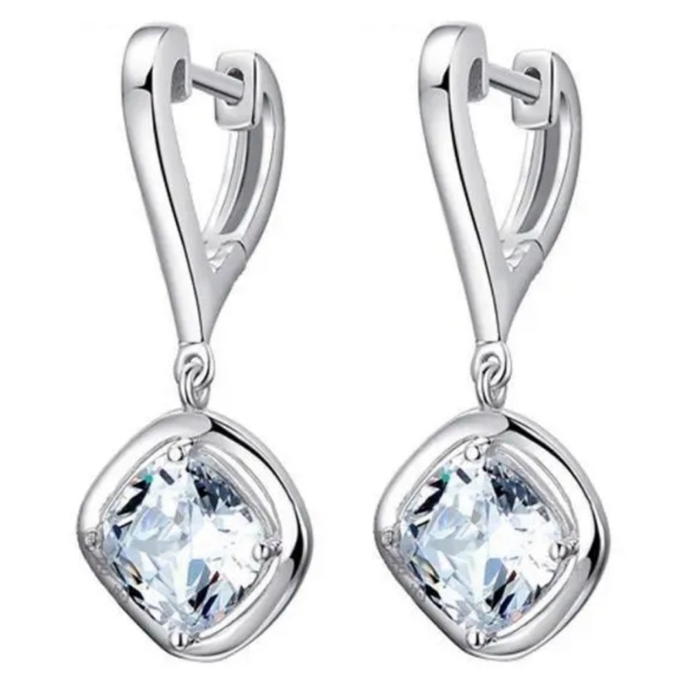 Platinum Plated 925 Sterling Silver Heart Diamond Simulant Dangle Earrings, NEW